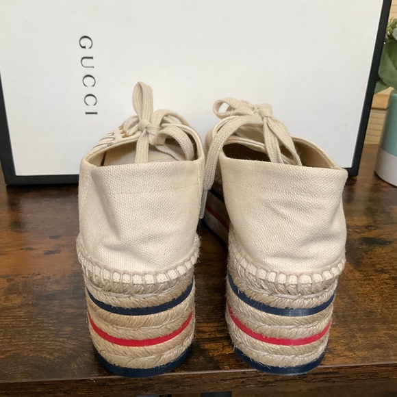 GUCCI 
Canvas Logo Lace-Up Platform Espadrilles 36 Greggio Grege - Picture 8 of 15